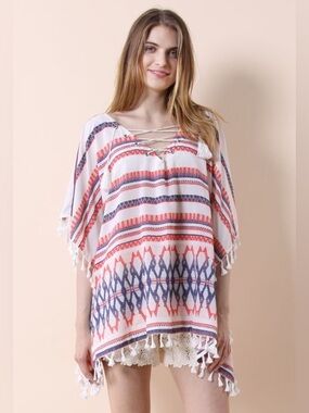 GRACE & LACE - Boho Poncho Top with tassel trim. Polyester. One size